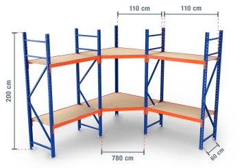 2.300 mm x 2.300 mm corner rack / storage rack LR2000 / 60 cm deep / 2 m high / 2 levels / rack layer Wood  